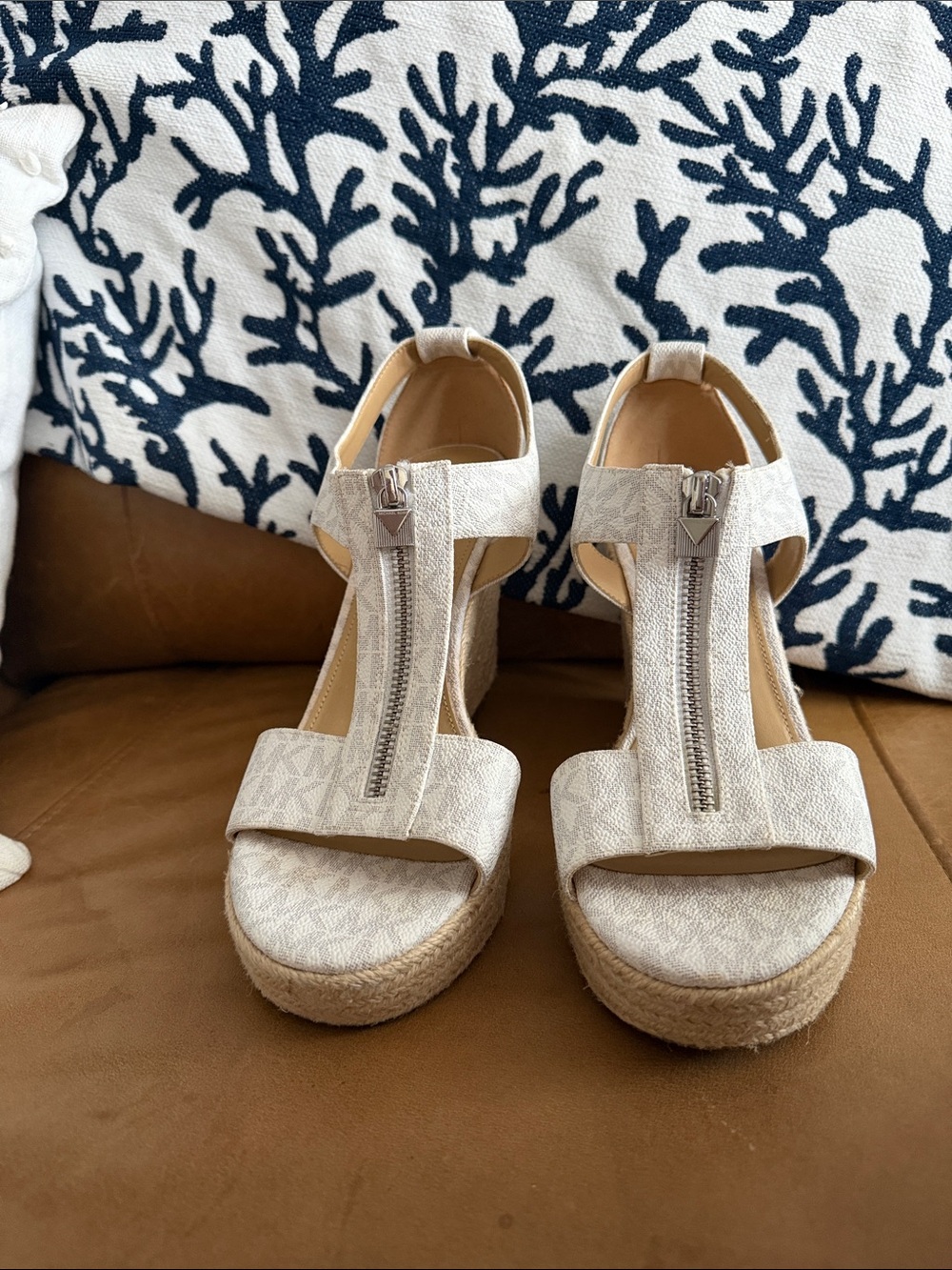 Michael Kors Cream Monogram Espadrille Platform Sandals with Front Zipper